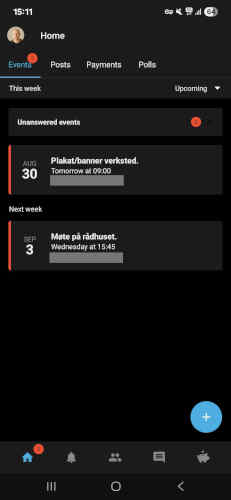Skjermbilde fra Spond-appen på Android: Liste over hendelser. Lys tekst på mørk bakgrunn.