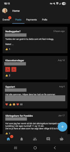 Skjermbilde fra Spond-appen på Android: Liste over poster. Lys tekst på mørk bakgrunn.